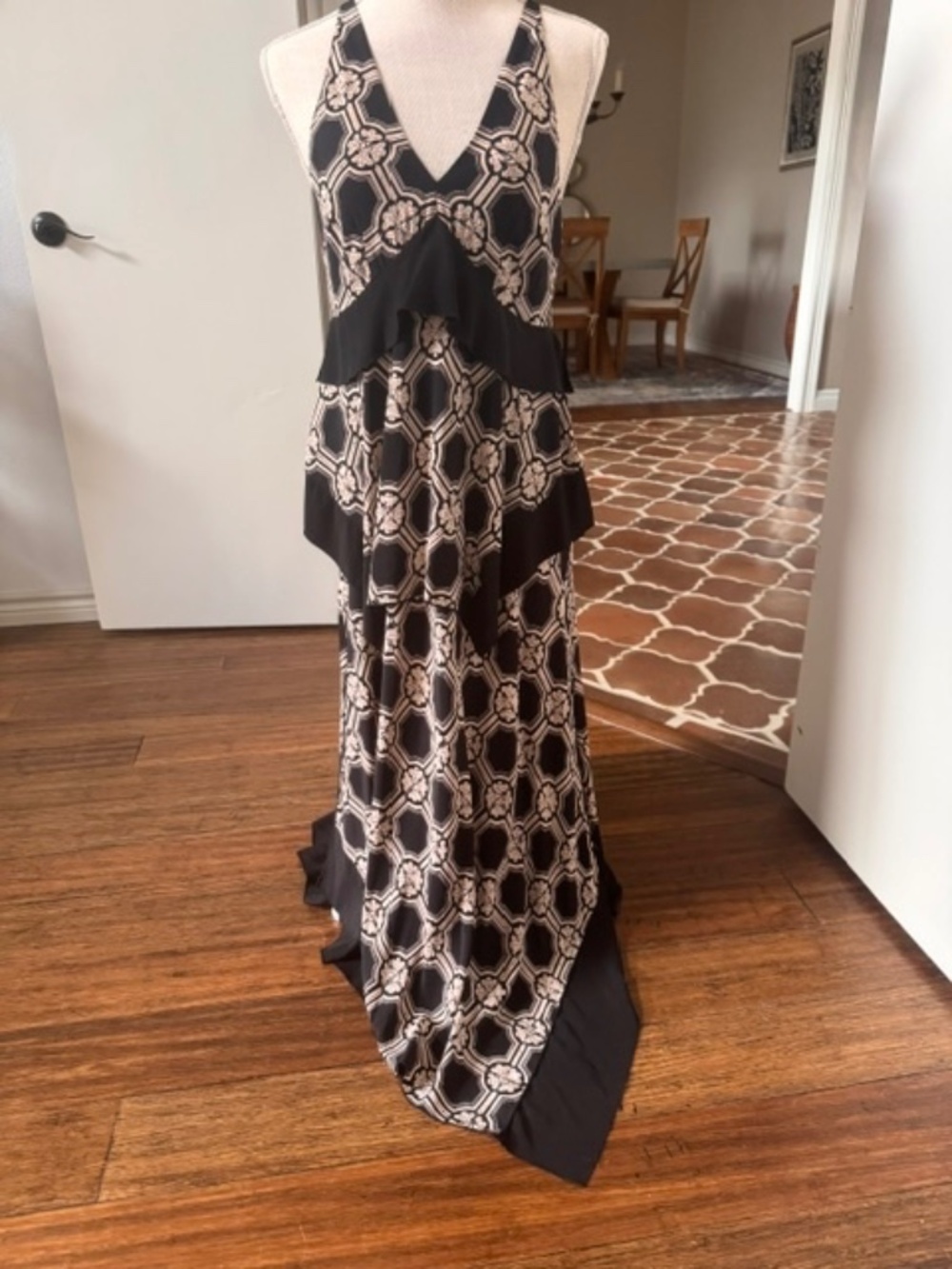 Derek Lam Black Beige Geometric Ruffled Tiered Maxi Dress Size 6